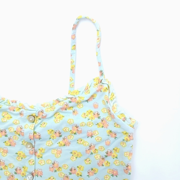 PacSun PacCares Blue Floral Crop Top Small Button-Down Ruffle Trim Sleeveless - Picture 3 of 4